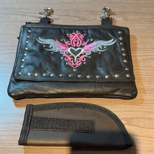 Black Studded Women's Hip Bag with Pink Embroidery (gun holder)